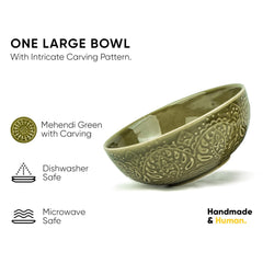 Ceramic Carving Large Serving Bowls Set Of 1 Pc - 1200ml, Mehndi Green Carving | Premium Ceramic Bowls - Large Size | Microwave Safe Bowls - Bowl Sets With Glossy Finish | Ceramic Bowl