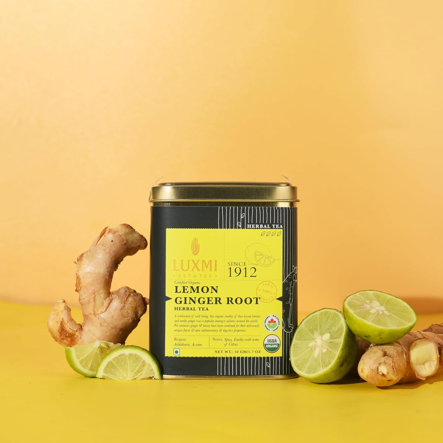 Luxmi Estates Lemon Ginger Herbal Tea - 50gm Tin, 1.7 Ounce | USDA Organic Certified Herbal Tea - Made With Lemon Peel, Ginger, Lemongrass, Licorice | Caffeine Free Herbal Tea Luxmi Estates Lemon Ginger Herbal Tea - 50gm Tin, 1.7 Ounce | USDA Organic Certified Herbal Tea - Made With Lemon Peel, Ginger, Lemongrass, Licorice | Caffeine Free Herbal Tea