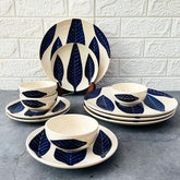 Patram Hand Painted Ceramic Dinner Set - 12 Pieces, White & Blue | 4 Dinner Plates + 4 Katori Bowls, 180ml Each+ 4 Quarter Plates Dinnerware Set | Serving For 4, Microwave Safe