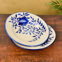 Hand Painted Premium Ceramic Floral Deep Pasta Plates Set Of 2 - Diameter: 9.5 Inches, Blue & Off White | Soup Plates - Maggi Plates