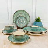 Iris Turquoise Handcrafted Ceramic Dinner Set - 12 Pieces | 4 Dinner Plates + 4 Katori Bowls, 180ml Each+ 4 Quarter Plates Dinnerware Set | Serving For 4, Microwave Safe & Dishwasher Safe