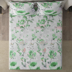 Cotton Elastic Fitted Double Bedsheet For King Size With 2 Pillow Covers - 78 X 72 + 8 Inches, White & Green | Soft Wrinkle Free & Breathable Elastic Bedsheets For King Size Bed