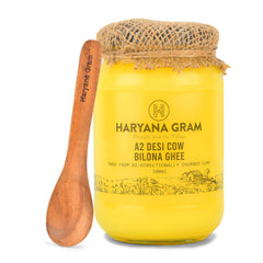 Organic A2 Desi Cow Bilona Ghee With Neem Wood Spoon By Haryana Gram | Rich In Vitamin A, D & Minerals Healthy Desi Ghee | (500ml) 16.9 Ounce | Jar Pack