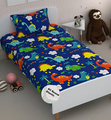 Kids 1 Single Bedsheet With 1 Pillow Covers - 42 X 75 X 8 Inches, Blue | Cotton Feel All Around Elastic Fitted Bedsheet - Suitable For Children Room Breathable & Wrinkle Free