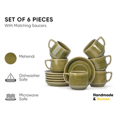 Ceramic Oblique Cup & Saucer Set Of 6 - Mehndi Green, 200ml Each Cup | Cup Saucer Set - 6 Cups + 6 Saucers | Glossy Finish Tea Set - Ceramic Tea Cup & Saucer Set