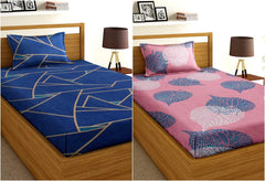 Single Bedsheet Combo Pack Of 2 With 2 Pillow Cover | 60 X 90 Inches, Pink & Blue | Super Soft 100% Glace Cotton Bedsheet With Floral