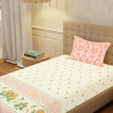 100% Cotton Bedsheet For Single Bed With 1 Pillow Cover, (Size 58 X 90 Inches) Cream & Peach | Soft And Comfortable For All Season | 200 Thread Count