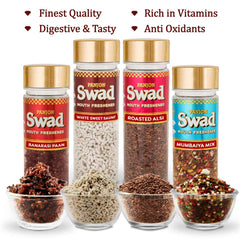 Panjon Swad White Sweet Saunf, Roasted Alsi, Mumbaiya Mix, Banarasi Paan Mouth Freshners 460gm, (105gm *4 Bottles)