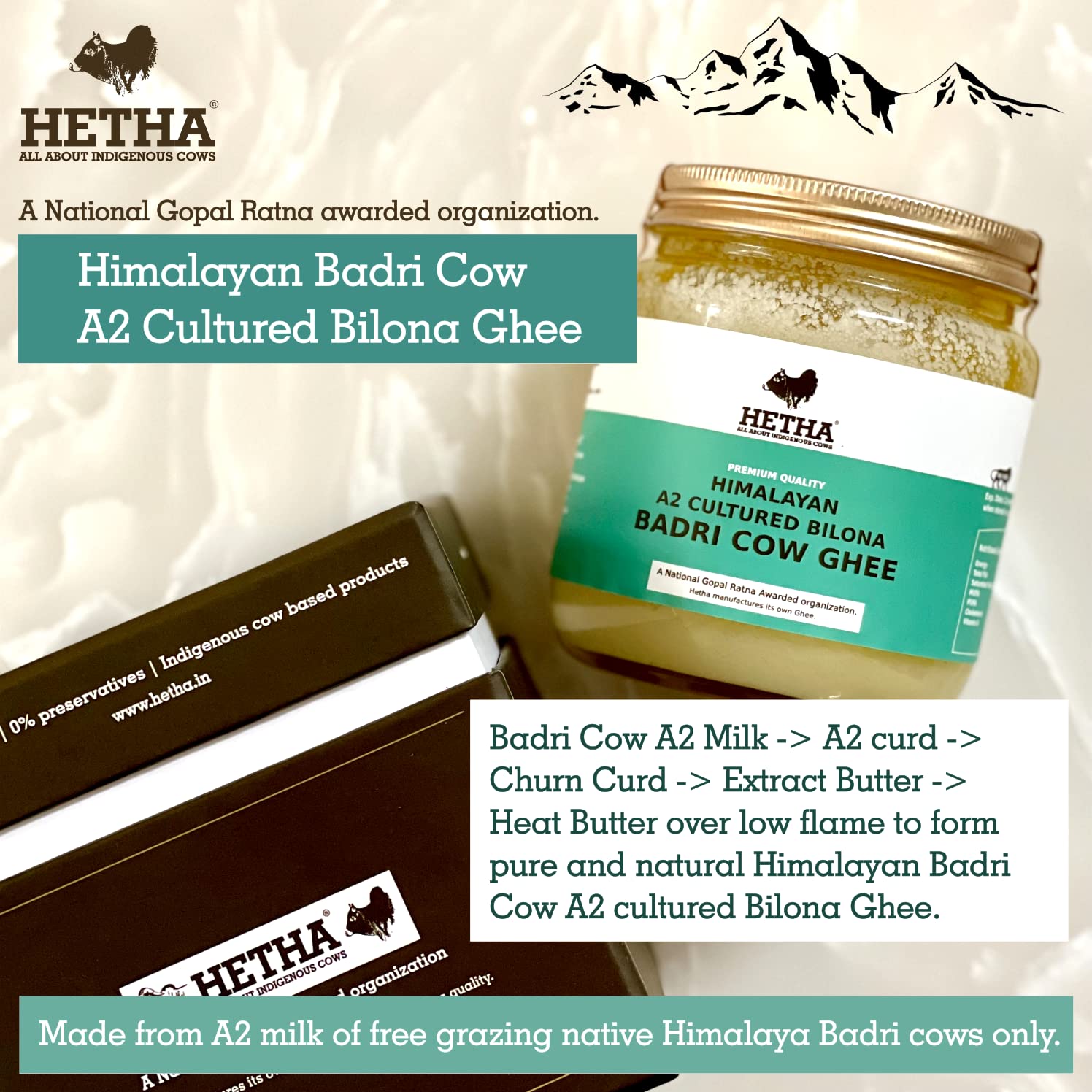 Natural Himalayan A2 Cultured Bilona Badri Cow Ghee By Hetha | Good Source Of Energy & Nutrients Healthy Desi Ghee With Rich Aroma | (500ml) 16.9 Ounce | Jar Pack Natural Himalayan A2 Cultured Bilona Badri Cow Ghee By Hetha | Good Source Of Energy & Nutrients Healthy Desi Ghee With Rich Aroma | (500ml) 16.9 Ounce | Jar Pack