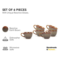 Ceramic Tea Cups Set Of 6 - Brown Reactive, 200ml Each | Tea Cup Set With Glossy Finish - Ceramic Tea Cup Set | Tea Cups Only - Microwave Safe & Dishwasher Safe