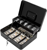 Large Cash Box With Money Tray & Lock, Metal Money Box Safe, Cash Register, 5 Compartments Cantilever Tray & 4 Spring - Loaded Clips For Bills,11.81"X 9.45"X 3.54" Colour - Black