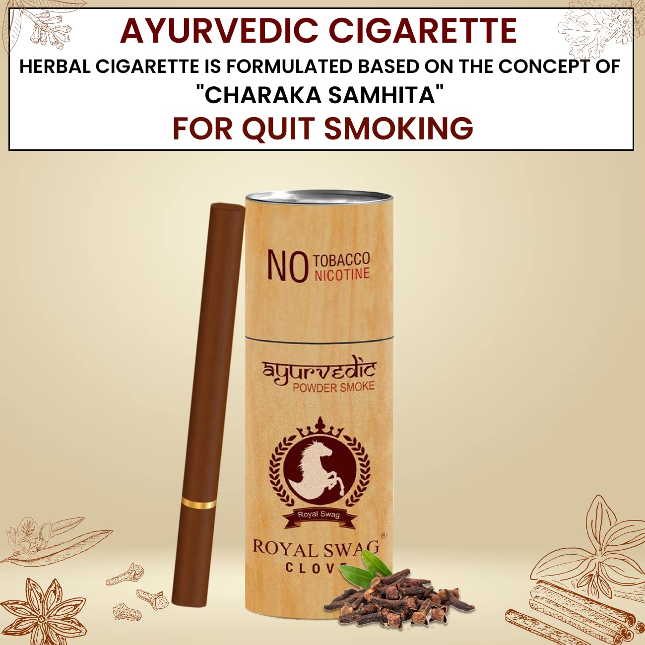 Royal Swag Herbal Cigarettes 100% Tobacco Free & 100% Nicotine Free Clove Crush With Ayuvredic Herbs Flavoured - (Pack Of 15 Sticks) Royal Swag Herbal Cigarettes 100% Tobacco Free & 100% Nicotine Free Clove Crush With Ayuvredic Herbs Flavoured - (Pack Of 15 Sticks)
