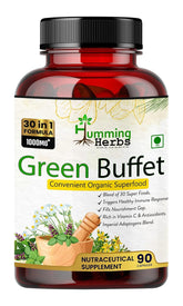 Humming Herbs Super Green, Improving Immunity & Skin Glow , 30 Super Foods Like Quercetine Cordyceps Spirulina Alfalfa Ashwgandha Seabuck Thorn Acai Berry Goji Berry | 90 Capsules , 150gm 0.3lbs