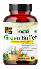 Humming Herbs Super Green, Improving Immunity & Skin Glow , 30 Super Foods Like Quercetine Cordyceps Spirulina Alfalfa Ashwgandha Seabuck Thorn Acai Berry Goji Berry | 90 Capsules , 150gm 0.3lbs