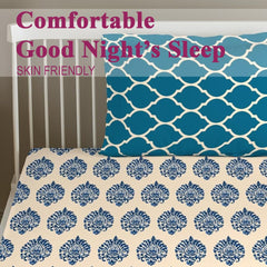 Cotton Printed Single Flat Bedsheet With 1 Pillow Cover - 60 X 100 Inches, Cream & Deep Sea Green | Breathable & Skin Friendly Bedsheet | Ideal For Year Round Use