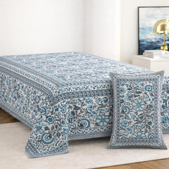 Soft Cotton Single Size Bedsheet With 1 Pillow Cover - 60 X 90 Inches, Sky Blue & Grey | Durable For Everyday Use - All Season Comfort