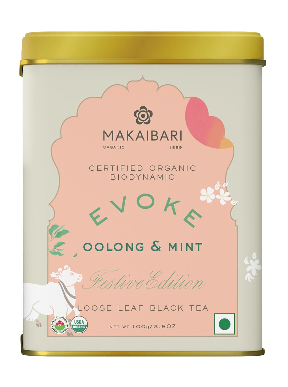 Makaibari Festive Edition Evoke - Oolong & Mint Loose Leaf Black Tea - 100gm Tin Caddy, 3.5 Ounce | USDA Certified Premium Tea - Low Caffeine Black Tea | Anti-Oxidants, Immunity Booster