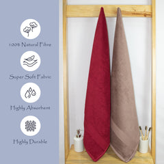 Rangoli 100% Cotton Fibre Bath Towel 1000 Gsm | Highly Durable & Super Absorbent Towel | Skin-Friendly & Quick Drying Luxury Towels (Maroon & Beige) - Pack Of 2