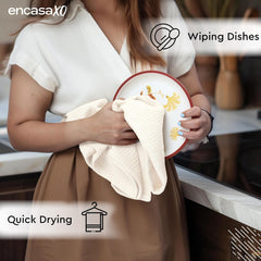 Encasa Xo Kitchen Dish Towels Set 320 Gsm | Waffle Weave & Flat Hand Tea Towel | Quick Drying Reusable Cotton Washcloths | Set Of 4 (Solid Off White)