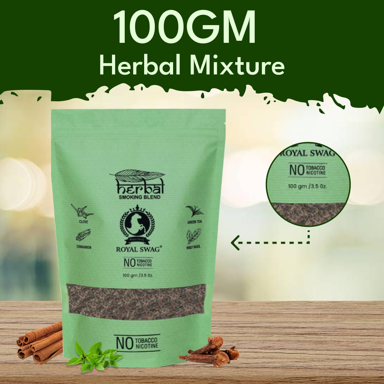 Royal Swag Tobacco & Nicotine Free Smoking Mixture With 100% Natural Herbal Smoking Blend 1 Pack 100gm Royal Swag Tobacco & Nicotine Free Smoking Mixture With 100% Natural Herbal Smoking Blend 1 Pack 100gm