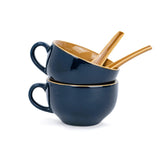 Ceramic Soup Bowl Set With Spoon Set Of 2 - Persian Blue, 350ml Each | 2 Soup Bowls + 2 Soup Spoons - Soup Mug, Soup Cup | Glossy Finish Ceramic Soup Bowls - Microwave Safe & Dishwasher Safe