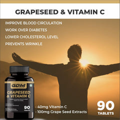 Gdm Grapeseed & Vitamin C Tablets, Improve Blood Circulation, Lower Cholesterol Level, Rich In Bioflavonoids | 90 Tablets 100gm 0.2lbs