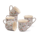 Ceramic Floral Tea Cups Set Of 6 - Grey Floral, 180ml Each | Tea Cup Set Of 6 - Premium Stoneware Tea Set | Ceramic Tea Cup With Glossy Finish - Small Cups For Tea | Microwave Safe & Dishwasher Safe
