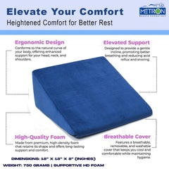 Bed Wedge Pillow, For Back Support, Blue, Medium Size - 18 X 18 X 8 Inches | For Acid Reflux, Gerd, Medical Grade Sponge - Easy To Clean, Removable Soft Fabric Cover, Multi-Purpose Uses