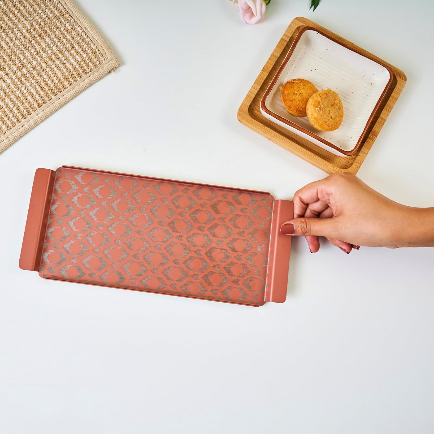 Designer Pink Stainless Steel Medium Tray - Art Deco Series | Corporate Gifting For Diwali - Multipurpose Serving Platter | Premium Serve Ware, Dinnerware & Tableware Designer Pink Stainless Steel Medium Tray - Art Deco Series | Corporate Gifting For Diwali - Multipurpose Serving Platter | Premium Serve Ware, Dinnerware & Tableware