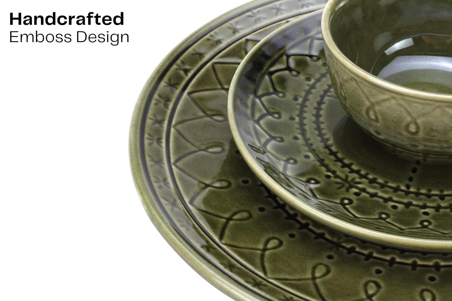 Handcrafted Stoneware Embossed Ceramic Dinner Set Of 6 Pcs - Moss Green | 2 Dinner Plates + 4 Salad Bowls, 180ml Each - Microwave & Dishwasher Safe Handcrafted Stoneware Embossed Ceramic Dinner Set Of 6 Pcs - Moss Green | 2 Dinner Plates + 4 Salad Bowls, 180ml Each - Microwave & Dishwasher Safe