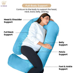 Full Body G Shape Pregnancy Pillow For Women, Maternity Pillow, Black & Sky Blue | Pillow Gift For Pregnancy Sleeping, Premium Velvet Cover With Zip | Adjustable & Washable Pillow