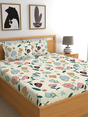 Elastic Fitted Printed Queen Size Double Bed Bedsheet With 2 Pillow Covers | 60 X 78 X 10 Inches, Multicolor | Super Soft Premium Brushed Glace Cotton Material