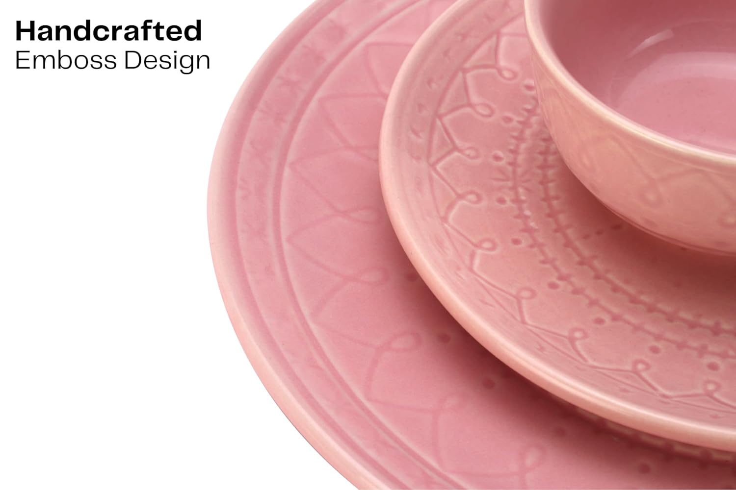 Handcrafted Stoneware Embossed Ceramic Dinner Set Of 12 Pcs - Light Pink | 4 Dinner Plates+ 4 Small Plates+ 4 Small Dinner Bowls, 180ml Each | Microwave & Dishwasher Safe - Serving For 4 Handcrafted Stoneware Embossed Ceramic Dinner Set Of 12 Pcs - Light Pink | 4 Dinner Plates+ 4 Small Plates+ 4 Small Dinner Bowls, 180ml Each | Microwave & Dishwasher Safe - Serving For 4