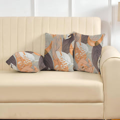Microfiber Square Pillow Cushion For Sofa & Bed, Grey Color - 24 X 24 Inch | Printed - Brown Leaf, Soft, Comfortable Pillow, Back, Neck Support | Breathable, Removable Cover - Set Of 3