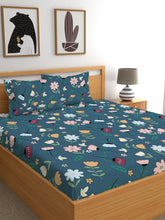 Elastic Fitted Printed King Size Double Bed Bedsheet With 2 Pillow Covers | 72 X 78 X 10 Inches, Blue | Super Soft Premium Brushed Glace Cotton Material