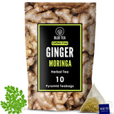 Blue Tea Caffeine Free Ginger Moringa Herbal Tea - 10 Pyramid Tea Bags In Zipper Pack | Enhances Immune System - Gluten Free, Non-GMO
