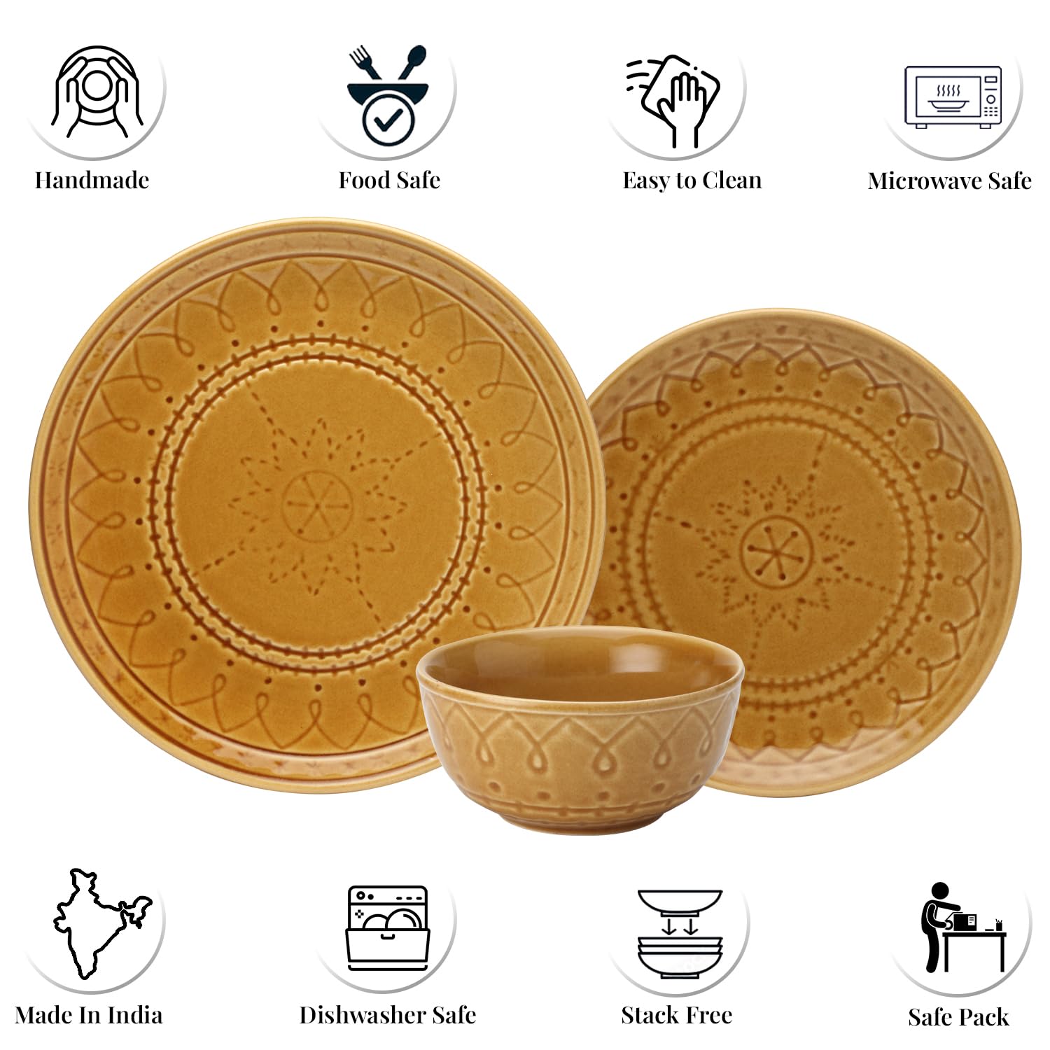 Handcrafted Stoneware Embossed Ceramic Dinner Set Of 12 Pcs - Golden Brown | 4 Dinner Plates+ 4 Small Plates+ 4 Small Dinner Bowls, 180ml Each | Microwave & Dishwasher Safe - Serving For 4 Handcrafted Stoneware Embossed Ceramic Dinner Set Of 12 Pcs - Golden Brown | 4 Dinner Plates+ 4 Small Plates+ 4 Small Dinner Bowls, 180ml Each | Microwave & Dishwasher Safe - Serving For 4