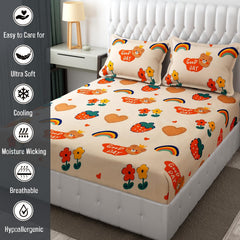 Wrinkle Free Soft Kids Double Bedsheets For King Size With 2 Pillow Cover | 90 X 95 Inches, Cream | Cartoon Printed Design | Child Bedroom Decor