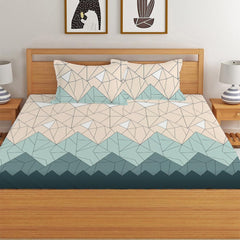 Elastic Fitted Printed Queen Size Double Bed Bedsheet With 2 Pillow Covers | 60 X 78 X 10 Inches, Beige & Green | Super Soft Premium Brushed Glace Cotton Material