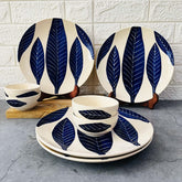Patram Hand Painted Ceramic Dinner Set - 8 Pieces, White & Blue | 4 Dinner Plates + 4 Katori Bowls, 180ml Each Dinnerware Set | Serving For 4, Microwave Safe & Dishwasher Safe