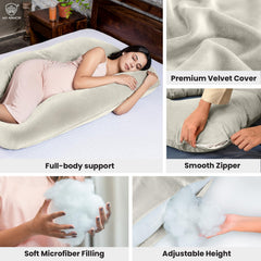 Full Body U Shape Pregnancy Pillow For Women, Maternity Pillow, Cream Color | Pillow Gift For Pregnancy Sleeping, Premium Velvet Cover With Zip | Adjustable & Washable, Relieves Pain