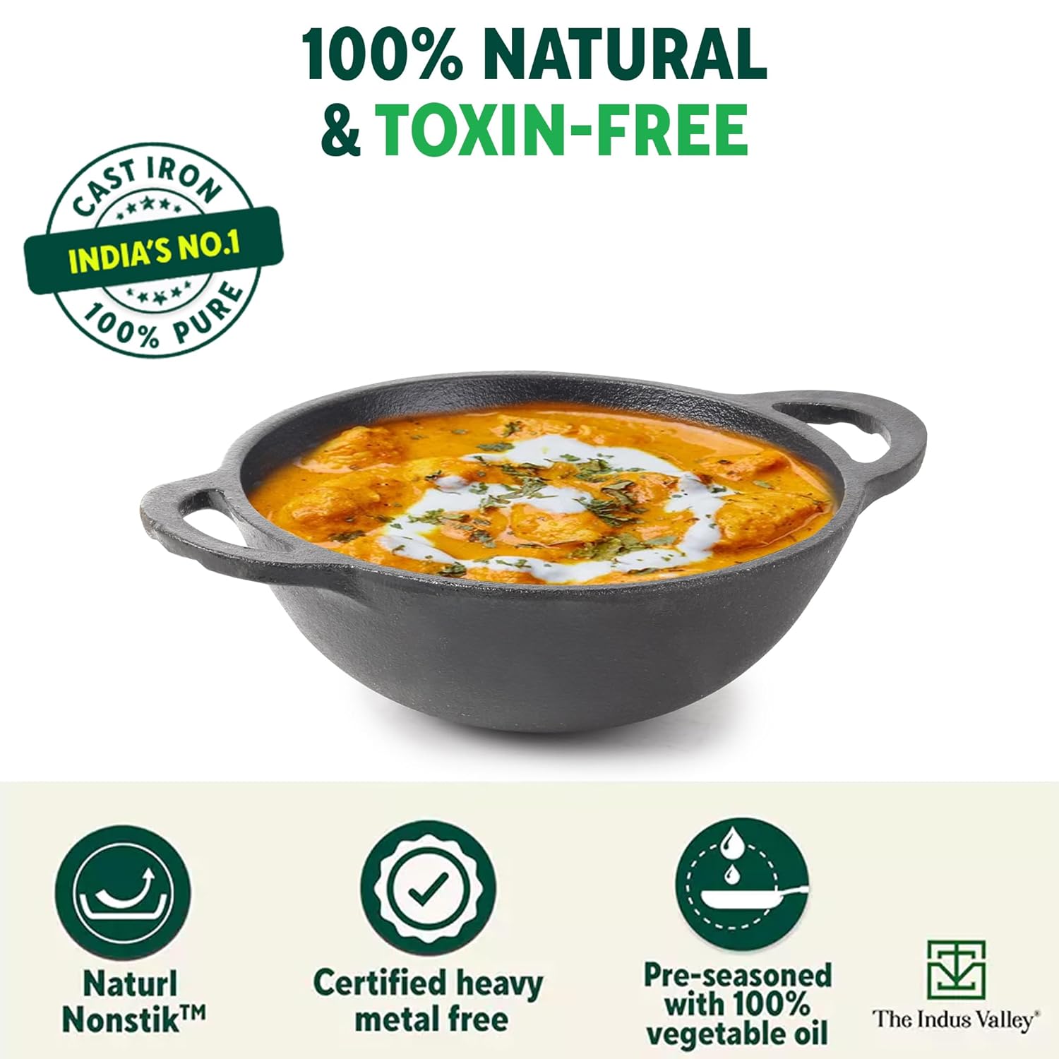 Pre-Seasoned Black Cast Iron Kadai With Curve Handle - Medium, 25.2cm, 10 Inch, 2.2 Liters, 2.3 Kg | Gas Compatible, Naturally Nonstick, 100% Pure & Toxin-Free Pre-Seasoned Black Cast Iron Kadai With Curve Handle - Medium, 25.2cm, 10 Inch, 2.2 Liters, 2.3 Kg | Gas Compatible, Naturally Nonstick, 100% Pure & Toxin-Free