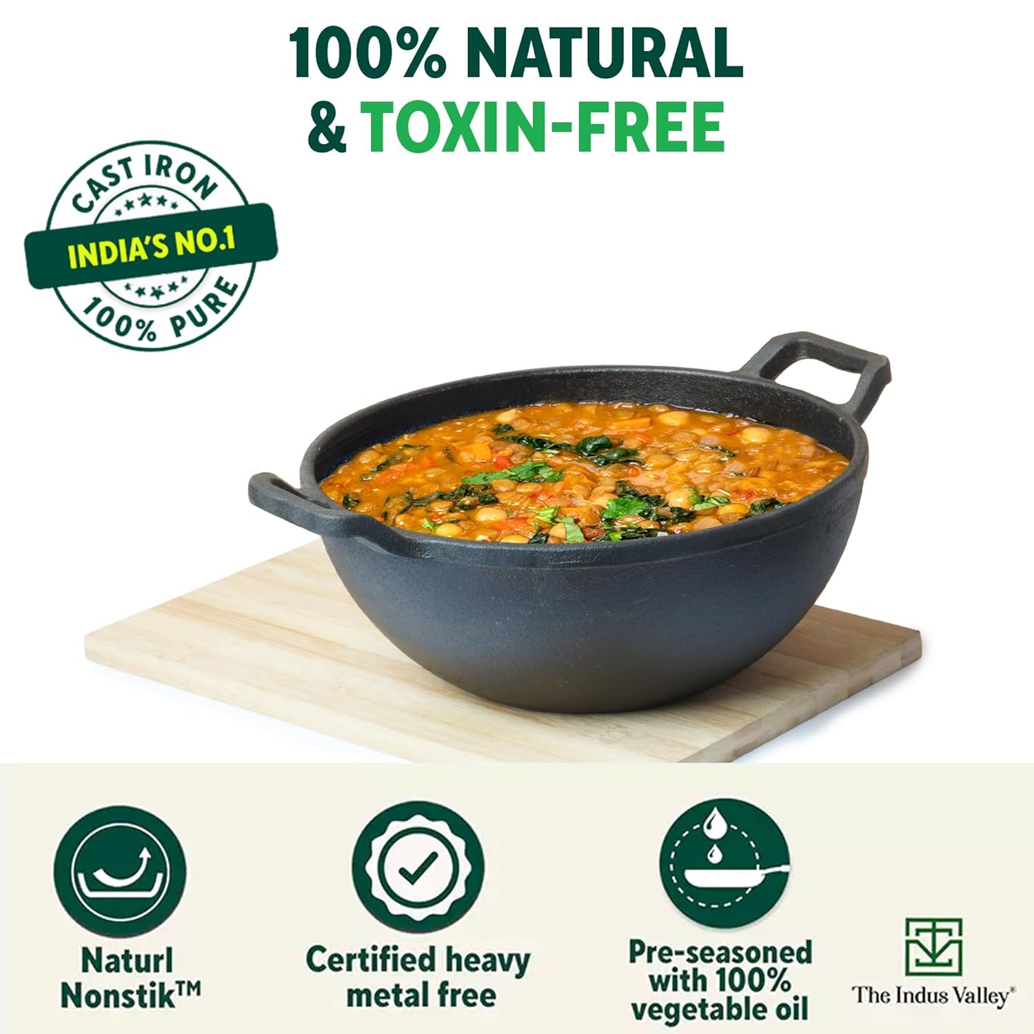Pre-Seasoned Black Cast Iron Kadai With Curved Handle - Medium, 25cm, 9.8 Inch, 3.2 Liters, 3.3 Kg | Induction Friendly, Naturally Nonstick Kadhai, 100% Pure & Toxin-Free, No Chemical Coating Pre-Seasoned Black Cast Iron Kadai With Curved Handle - Medium, 25cm, 9.8 Inch, 3.2 Liters, 3.3 Kg | Induction Friendly, Naturally Nonstick Kadhai, 100% Pure & Toxin-Free, No Chemical Coating