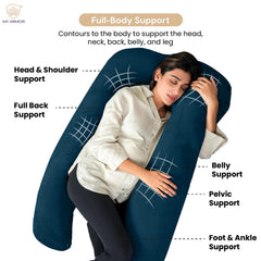 Full Body U Shape Pregnancy Pillow For Women, Maternity Pillow, Grey & Navy Blue | Pillow Gift For Pregnancy Sleeping, Premium Velvet Cover With Zip | Adjustable & Washable, Relieves Pain