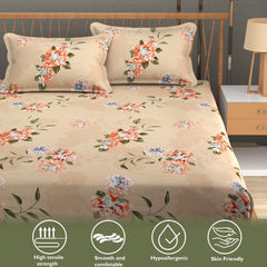 1 Elastic Fitted Bedsheet For King Size & 2 Pillow Covers - 78 X 72 Inches, Beige | Elegant Floral Print Design & Skin-Friendly