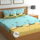 Cartoon Printed Double Bedsheet For Kids With 2 Pillow Cover - 72 X 78 X 10 Inches, Yellow & Aqua | Cotton Feel All Around Elastic Fitted King Size Double Bed