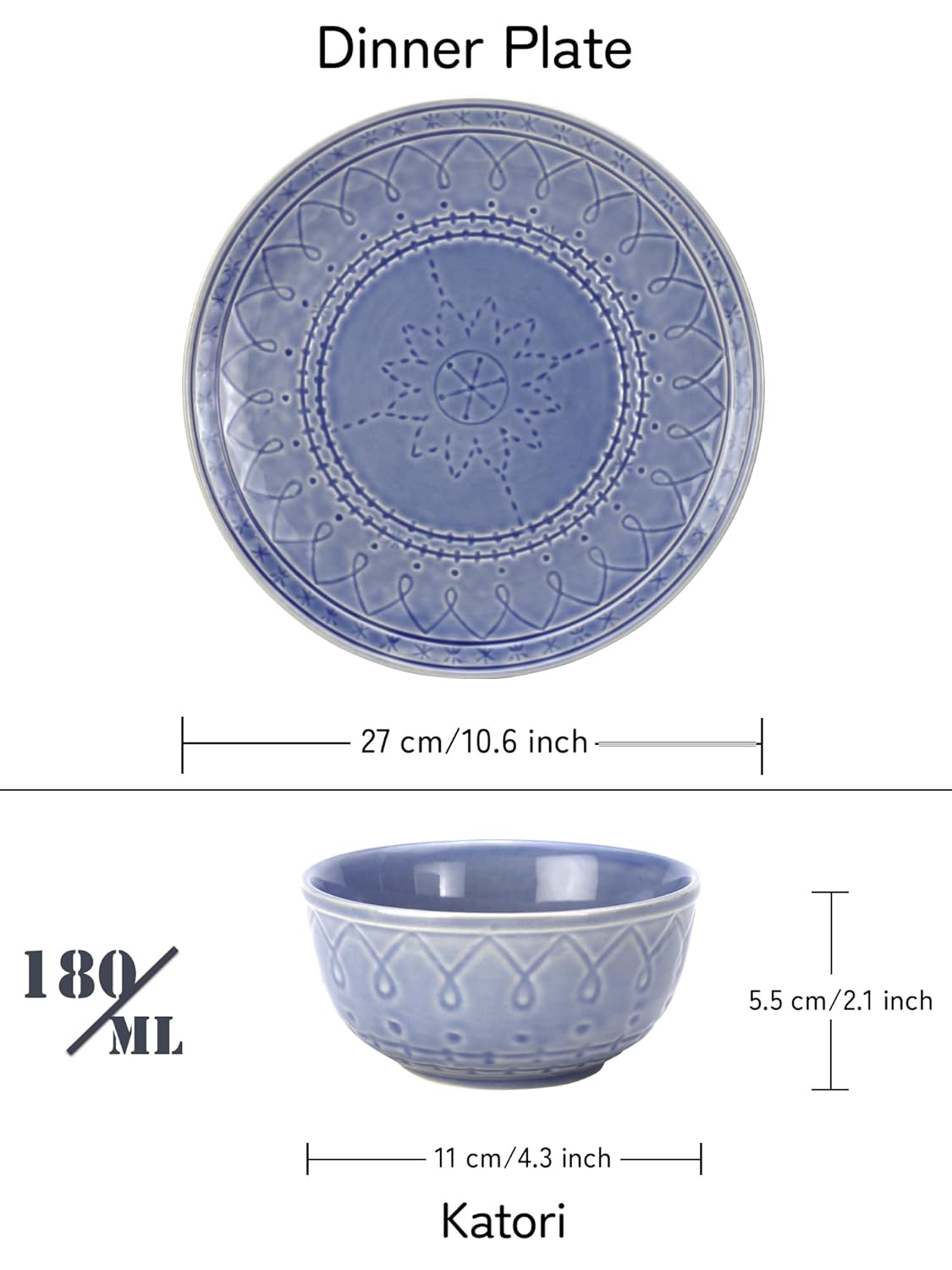 Handcrafted Stoneware Embossed Ceramic Dinner Set Of 4 Pcs - Mist Blue | 2 Dinner Plates + 2 Small Dinner Bowls, 180ml Each - Microwave & Dishwasher Safe Handcrafted Stoneware Embossed Ceramic Dinner Set Of 4 Pcs - Mist Blue | 2 Dinner Plates + 2 Small Dinner Bowls, 180ml Each - Microwave & Dishwasher Safe
