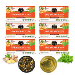 Teacurry Plant Based She Balance Tea - Pack Of 6 X 30 Pyramid Tea Bags | Spearmint Ginger Tea, Relieves In PCOS Symptoms - Infused With Nettle, Lemon, Cinnamon | Gluten Free, Caffeine Free