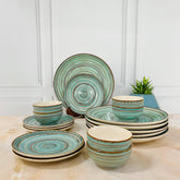 Iris Turquoise Handcrafted Ceramic Dinner Set - 18 Pieces | 6 Dinner Plates + 6 Katori Bowls, 180ml Each+ 6 Quarter Plates Dinnerware Set | Serving For 6, Microwave Safe & Dishwasher Safe