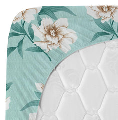 Elastic Fitted Double Bedsheets For Queen Size With 2 Pillow Covers - Size 72 X 68 X 6 Inches, Mint Green & Off White | Double Bed With Corner Elastic | Wrinkle Free Super Soft Floral Breathable